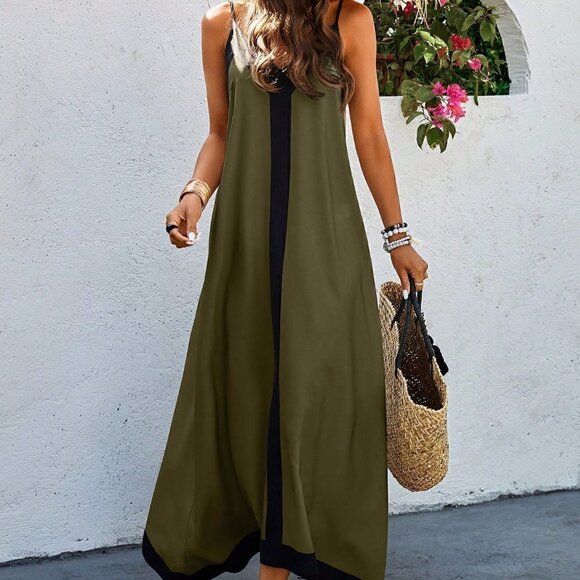 Army Green Casual Women's Color Block Spaghetti Strap Dress - Picture 4 of 5